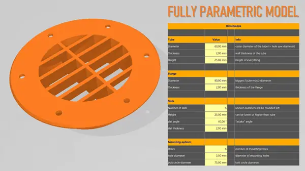Round vent cover (FreeCAD, parametric, Lüftungsgitter)