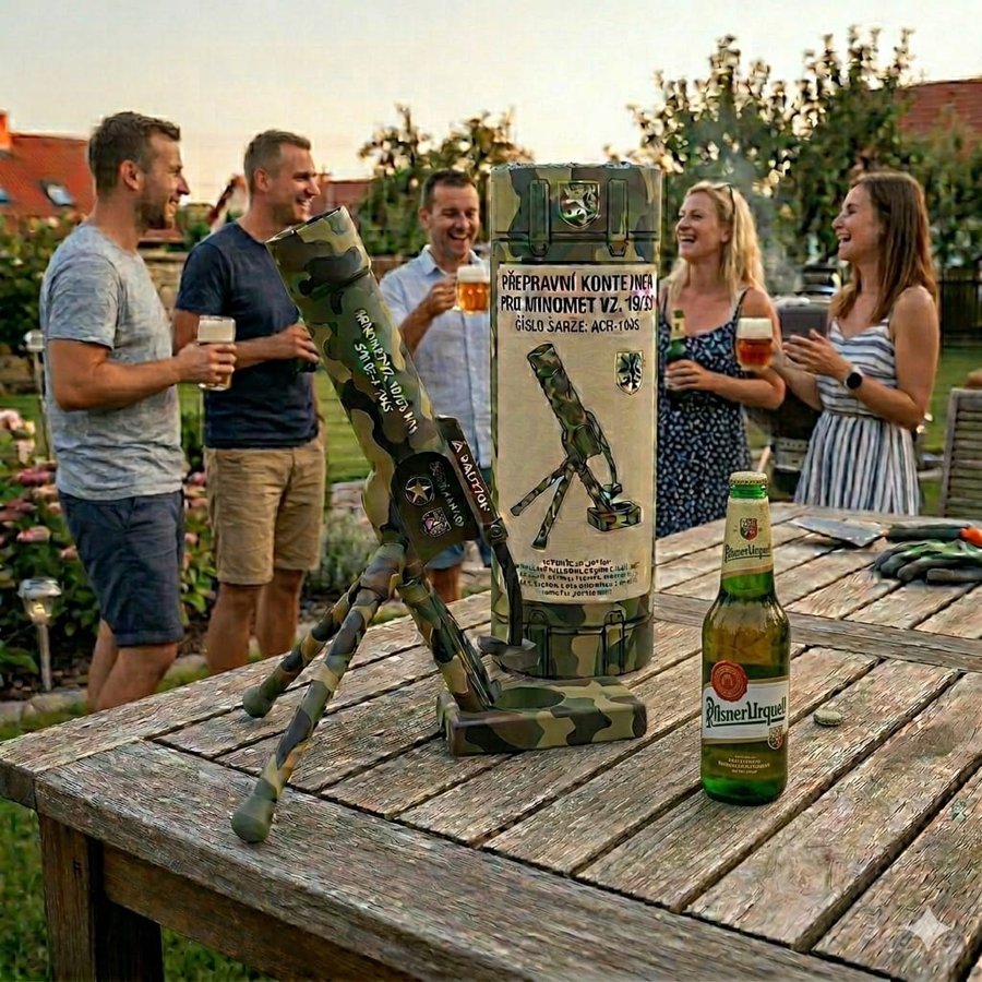 PÍVOMET vz. 26 — otvírák na pivo ve tvaru armádního minometu s taktickým tubusem